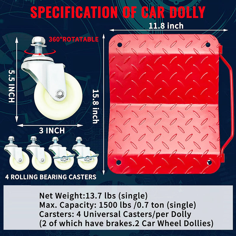 16" x 13" Heavy Duty Wheel Dolly Car Stakes Steel 6000 Lbs Capacity Auto Vehicle Moving Dolly Set of 4 Car Dolly for Vehicle Storage Furniture Mover Trailer