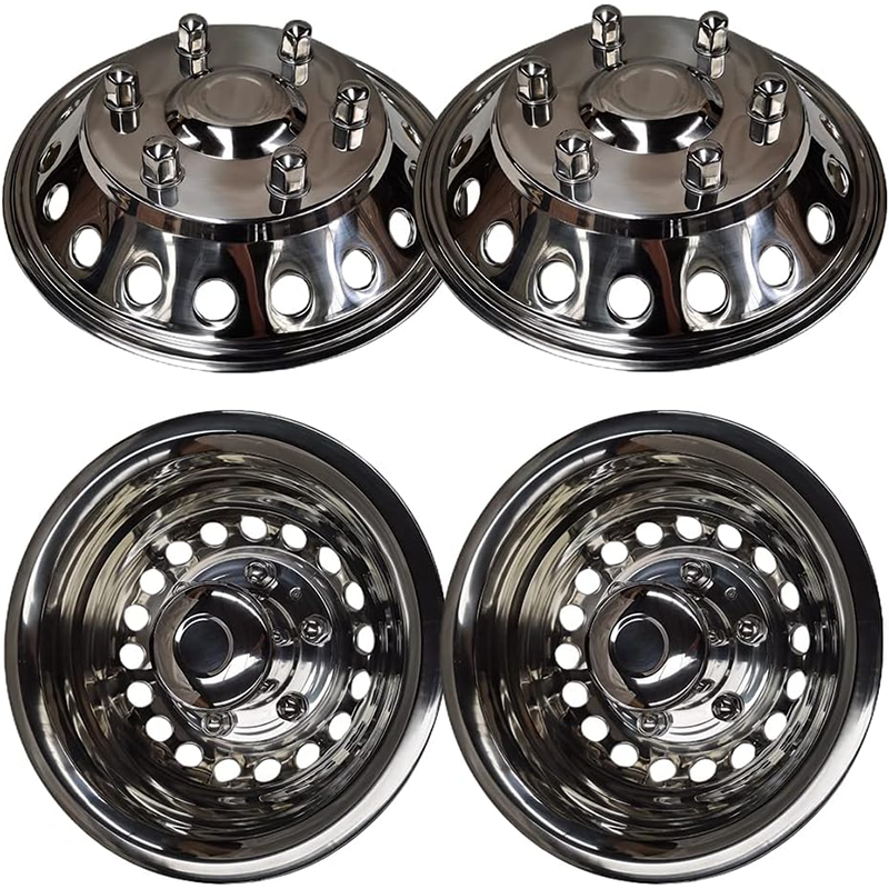 6" Polished Stainless Steel Dual Wheel Simulator 4 Snap-On Hub Caps Wheel Covers 6 Lugs and 18 Hand Holes