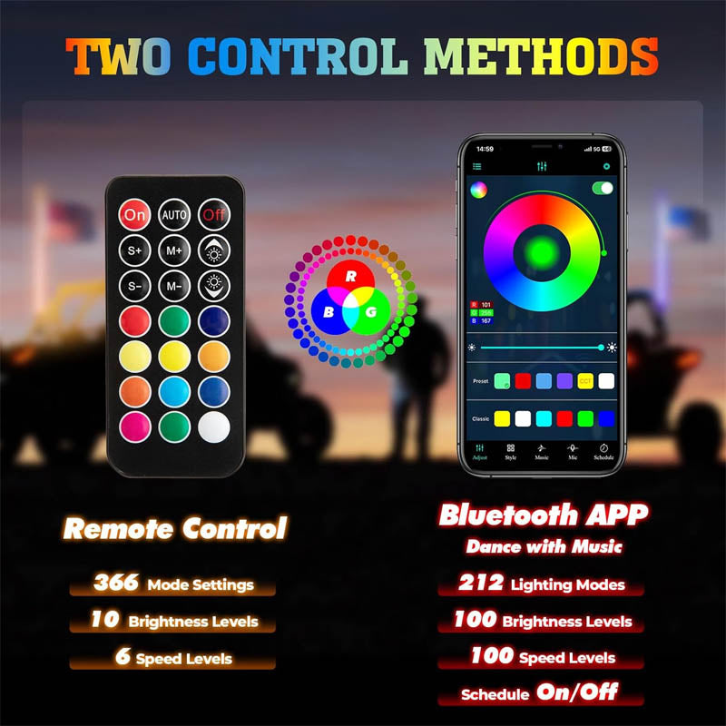 2pc 3ft Spiral Whip Lights with APP & Remote Control for UTVs, ATVs, Motorcycles, RZR, Can-am, Go-kart