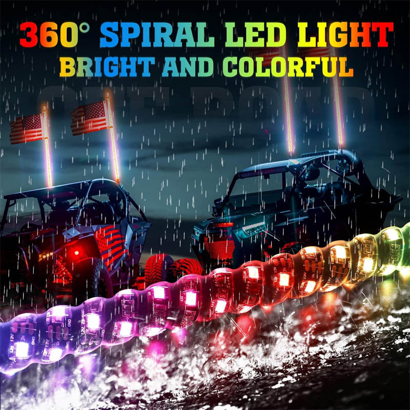 2pc 3ft Spiral Whip Lights with APP & Remote Control for UTVs, ATVs, Motorcycles, RZR, Can-am, Go-kart