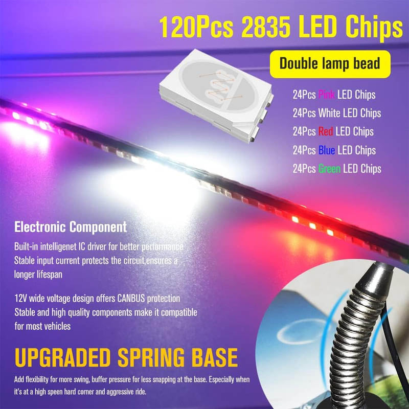 2pcs 2.4FT LED Whip Lights 270° Auto Strobe with Spring Base Waterproof Antenna Whips Lights