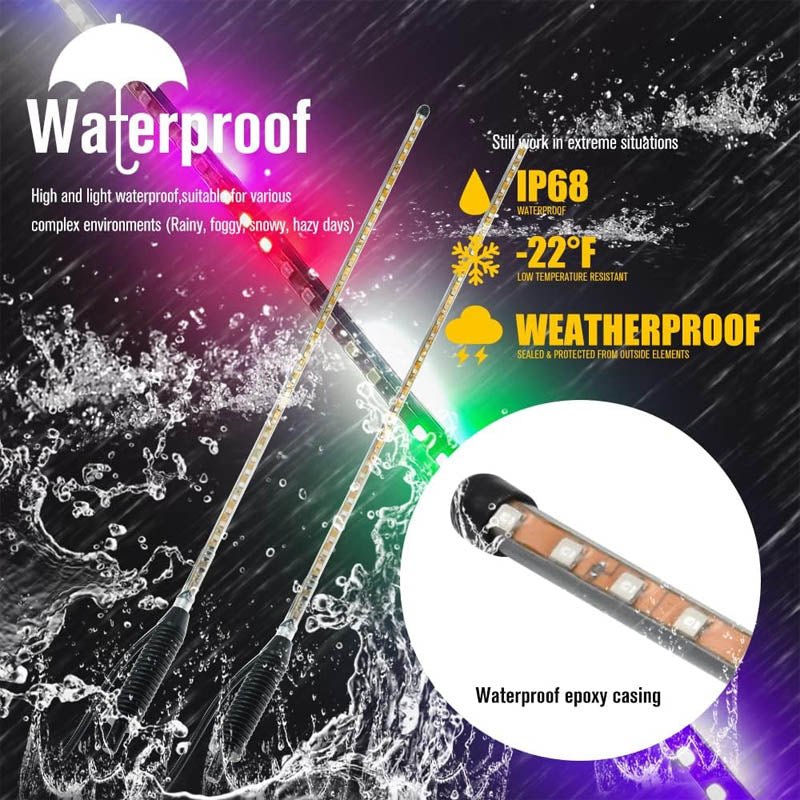 2pcs 2.4FT LED Whip Lights 270° Auto Strobe with Spring Base Waterproof Antenna Whips Lights