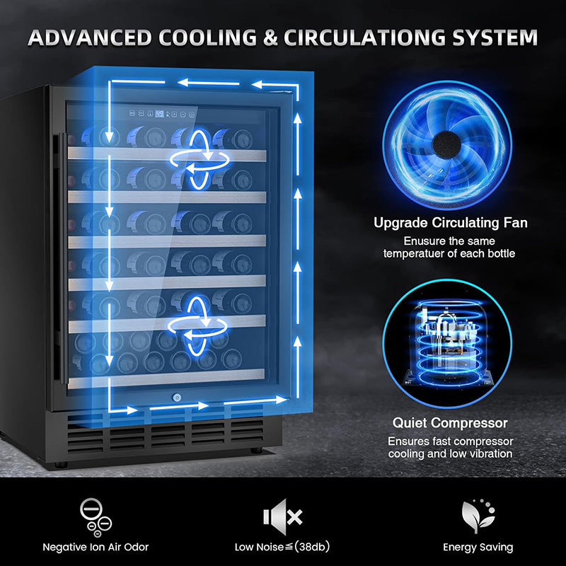 24 Inch Wine Cooler 51 Bottle Wine Refrigerator with Removable Shelves & Blue Interior Light