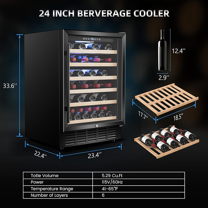 24 Inch Wine Cooler 51 Bottle Wine Refrigerator with Removable Shelves & Blue Interior Light