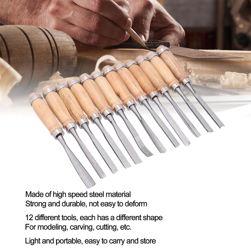 12Pcs Wood Turning Tools, HSS Blade Woodworking Lathe Chisel Set, for Modeling, Carving, Cutting,Woodworking Carving Gouge Accessories