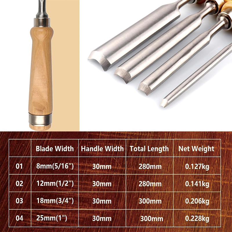 Wood Lathe Chisel Set, 4 Pieces Wood Chisel Set, Professional Wood Chisel Tool Carpenter Gouge