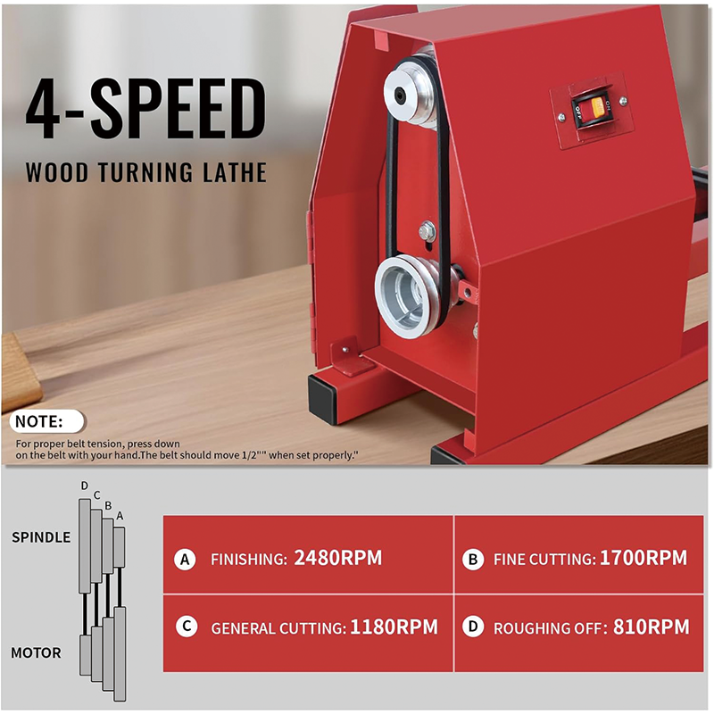 Wood Lathe, 14 in x 40 in,370W Power Wood Turning Lathe Machine,4 Speed 810/1180/1700/3400RPM,with 5 Chisels for Woodworking,for Woodworking