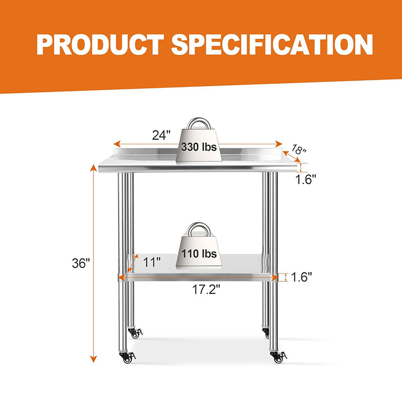 Stainless Steel Worktables with Wheels Commercial Heavy Duty Tables Adjustable Undershelf Kitchen Equipment Stand for Kitchen, Restaurant, Hotel and Garage