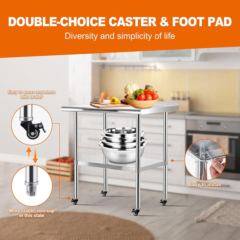 Stainless Steel Worktables with Wheels Commercial Heavy Duty Tables Adjustable Undershelf Kitchen Equipment Stand for Kitchen, Restaurant, Hotel and Garage