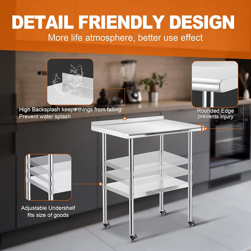 Stainless Steel Worktables with Wheels Commercial Heavy Duty Tables Adjustable Undershelf Kitchen Equipment Stand for Kitchen, Restaurant, Hotel and Garage