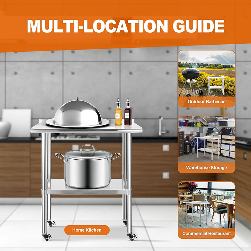 Stainless Steel Worktables with Wheels Commercial Heavy Duty Tables Adjustable Undershelf Kitchen Equipment Stand for Kitchen, Restaurant, Hotel and Garage