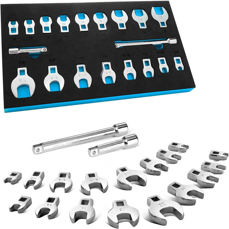 3/8" Drive Crowfoot Wrench Set with 2 Extension Bars with EVA Foam Tool Organizer SAE & Metric