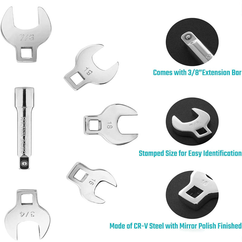 3/8" Drive Crowfoot Wrench Set with 2 Extension Bars with EVA Foam Tool Organizer SAE & Metric
