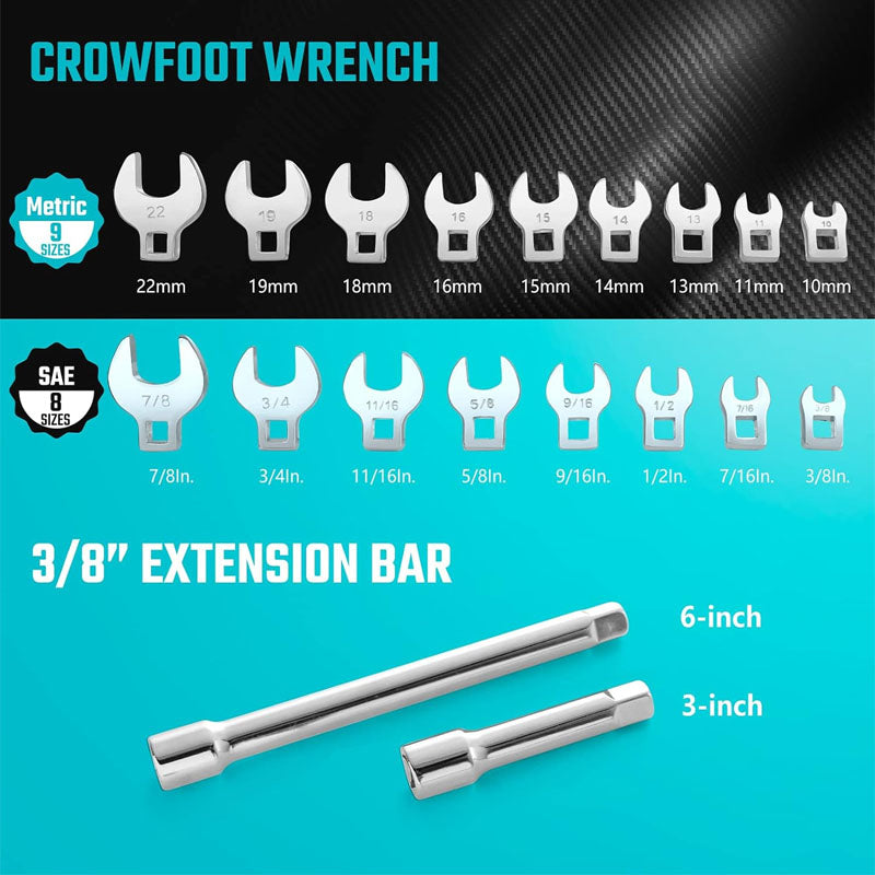 3/8" Drive Crowfoot Wrench Set with 2 Extension Bars with EVA Foam Tool Organizer SAE & Metric