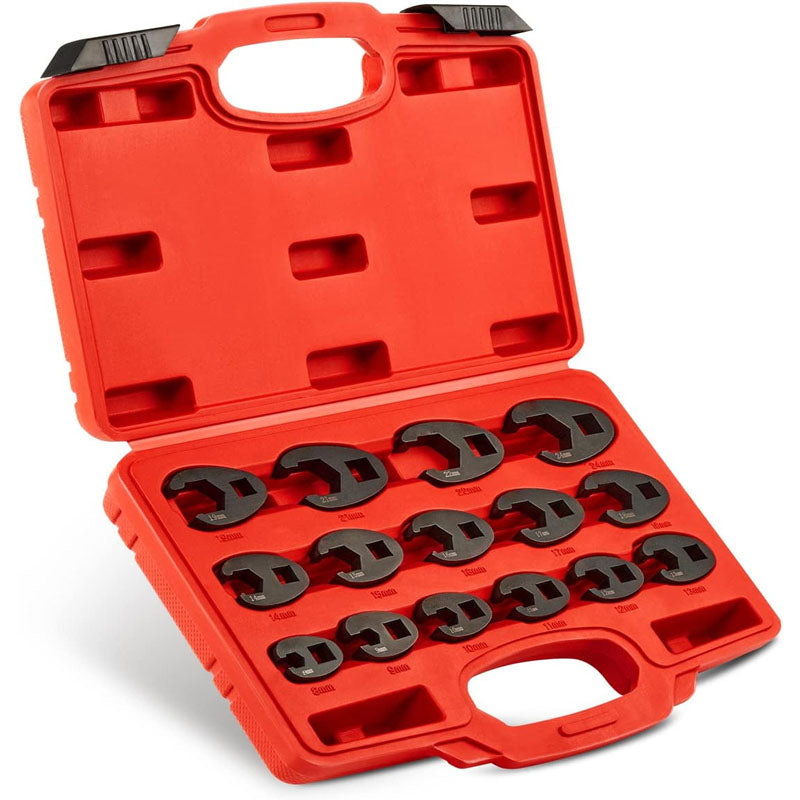 Crowfoot Wrench Set for 8 to 24 mm Flare Nuts 1/2" and 3/8" Drive 15-Piece Crows Foot Wrench Set with PP Storage Case