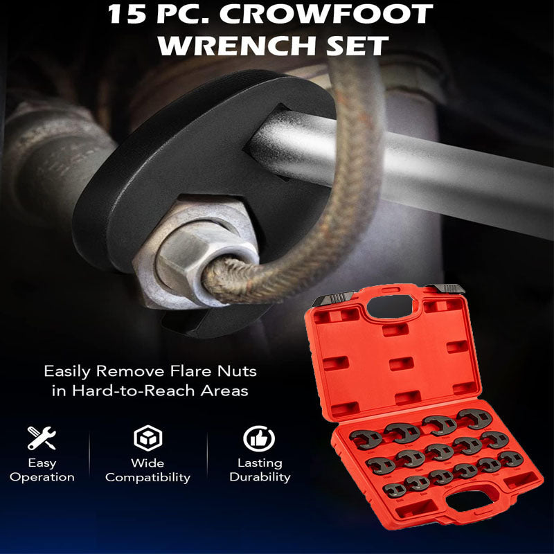 Crowfoot Wrench Set for 8 to 24 mm Flare Nuts 1/2" and 3/8" Drive 15-Piece Crows Foot Wrench Set with PP Storage Case