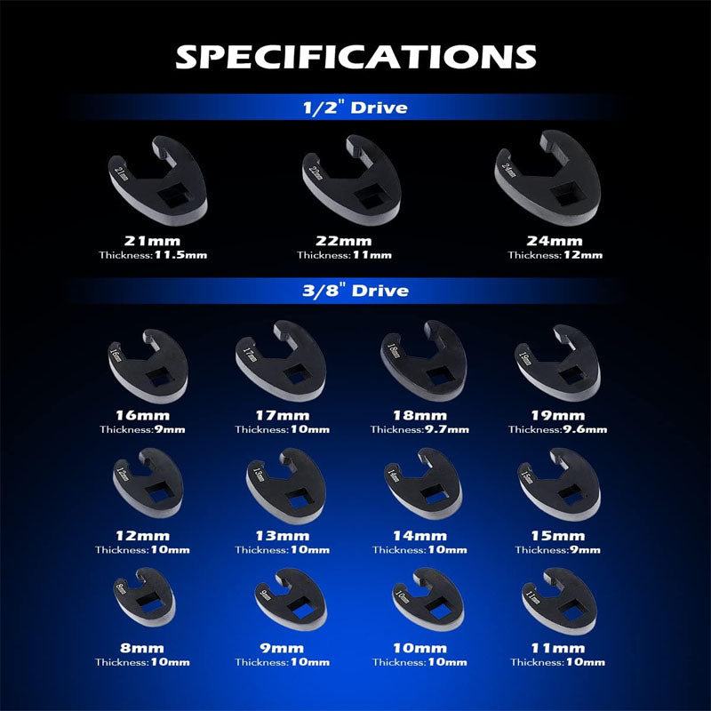 Crowfoot Wrench Set for 8 to 24 mm Flare Nuts 1/2" and 3/8" Drive 15-Piece Crows Foot Wrench Set with PP Storage Case
