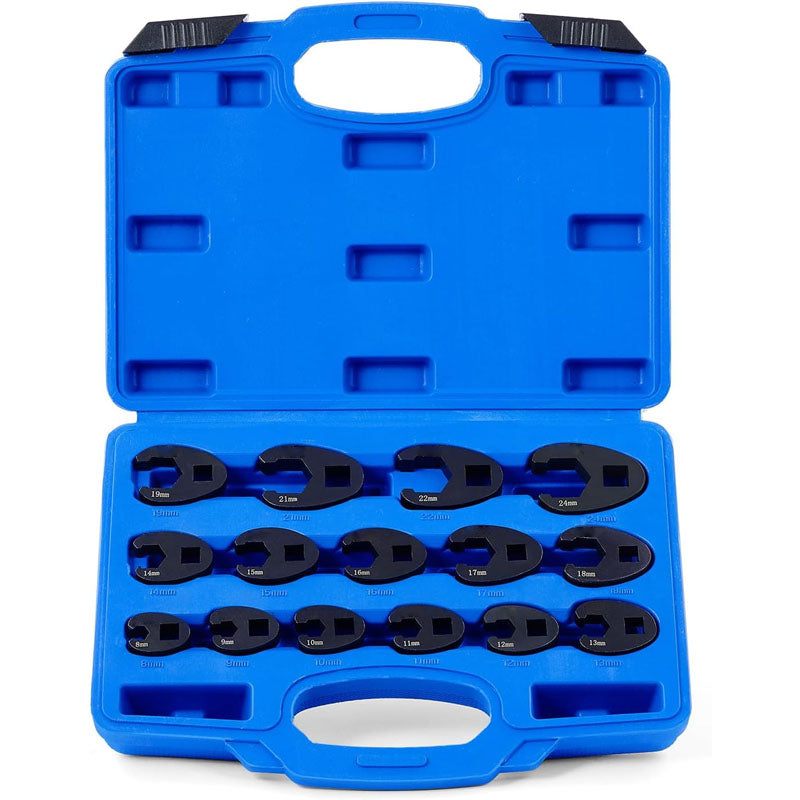 Crowfoot Wrench Set for 8 to 24 mm Flare Nuts 1/2" and 3/8" Drive 15-Piece Crows Foot Wrench Set with PP Storage Case