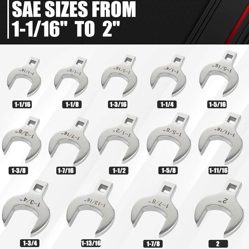14-Piece 1/2” Drive Jumbo Crowfoot Wrench Set for Mechanical Maintenance or Repairs