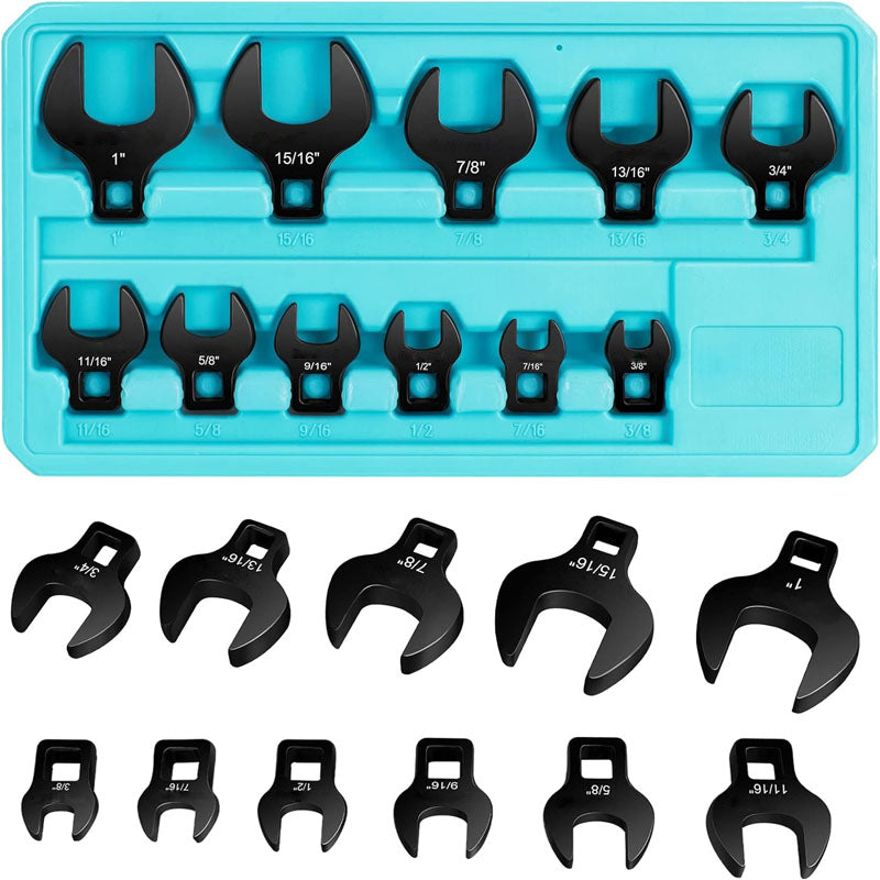 Crows Foot Wrench Set 3/8" Drive 11PCS CR-V Steel Large SAE 3/8"-1" Crowfoot Flare Nut Wrench Set with Storage Tray