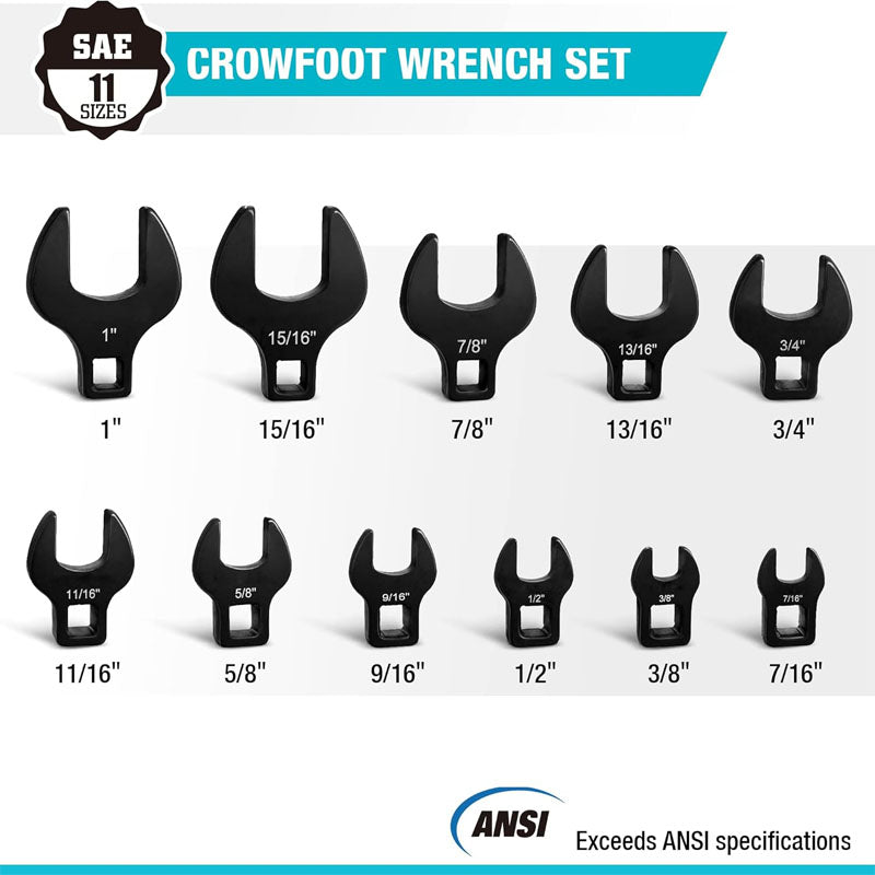 Crows Foot Wrench Set 3/8" Drive 11PCS CR-V Steel Large SAE 3/8"-1" Crowfoot Flare Nut Wrench Set with Storage Tray