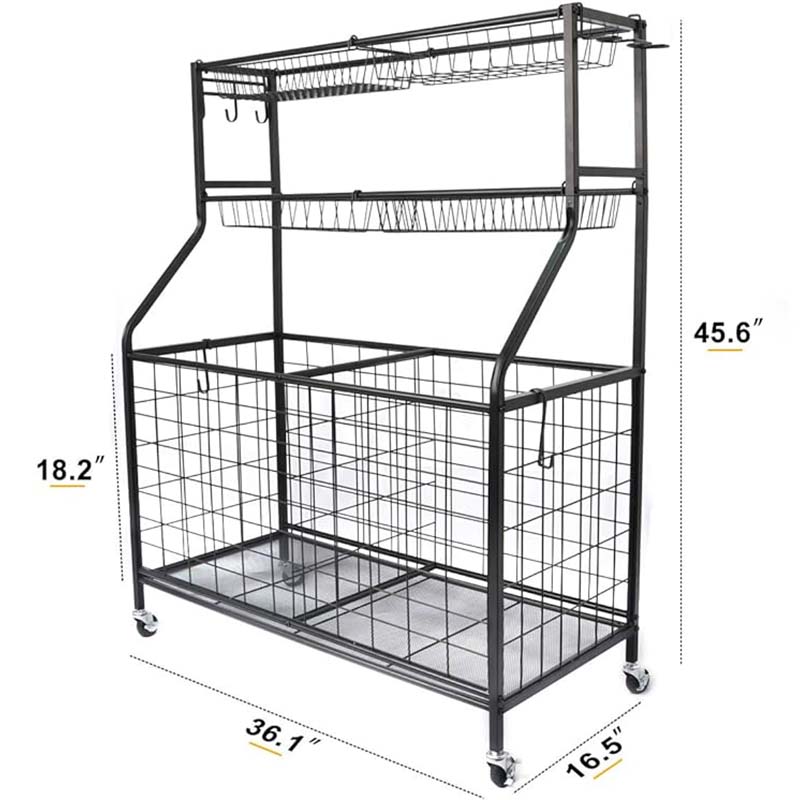 Rolling Ball Storage Cart on Wheels,Steel Sports Equipment Organizer,Ball Storage Garage, Garage Organizer, Black, Steel