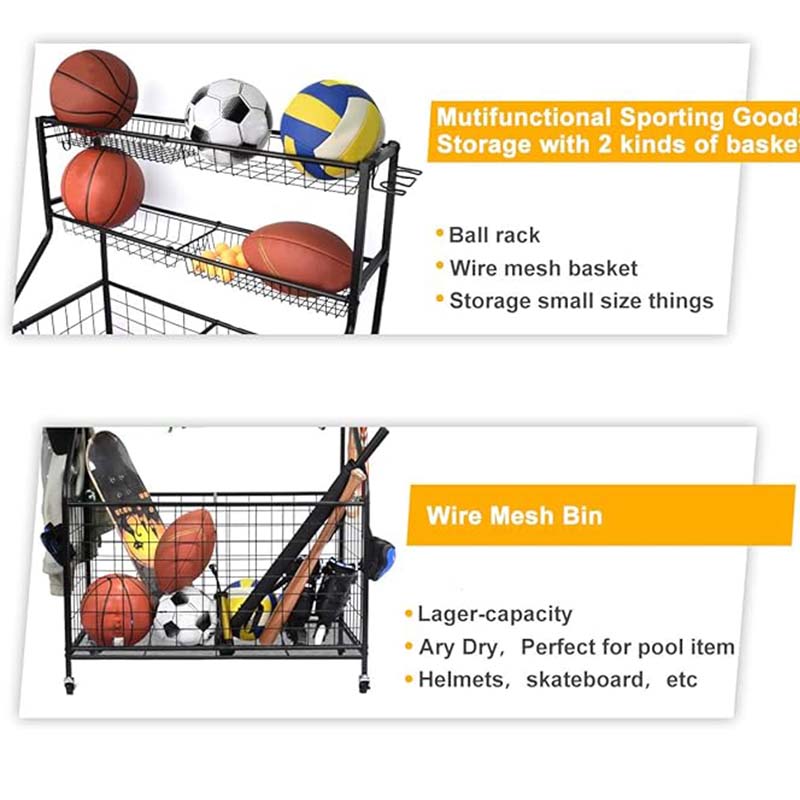 Rolling Ball Storage Cart on Wheels,Steel Sports Equipment Organizer,Ball Storage Garage, Garage Organizer, Black, Steel