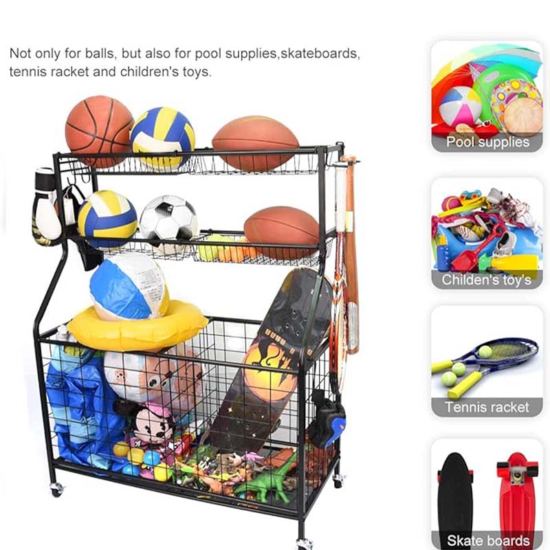 Rolling Ball Storage Cart on Wheels,Steel Sports Equipment Organizer,Ball Storage Garage, Garage Organizer, Black, Steel