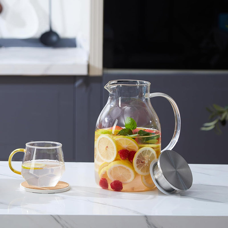 2L Glass Pitcher with Lid Heat Resistant Clear Water Jug for Hot/Cold  Water, Ice tea and Juice Beverage